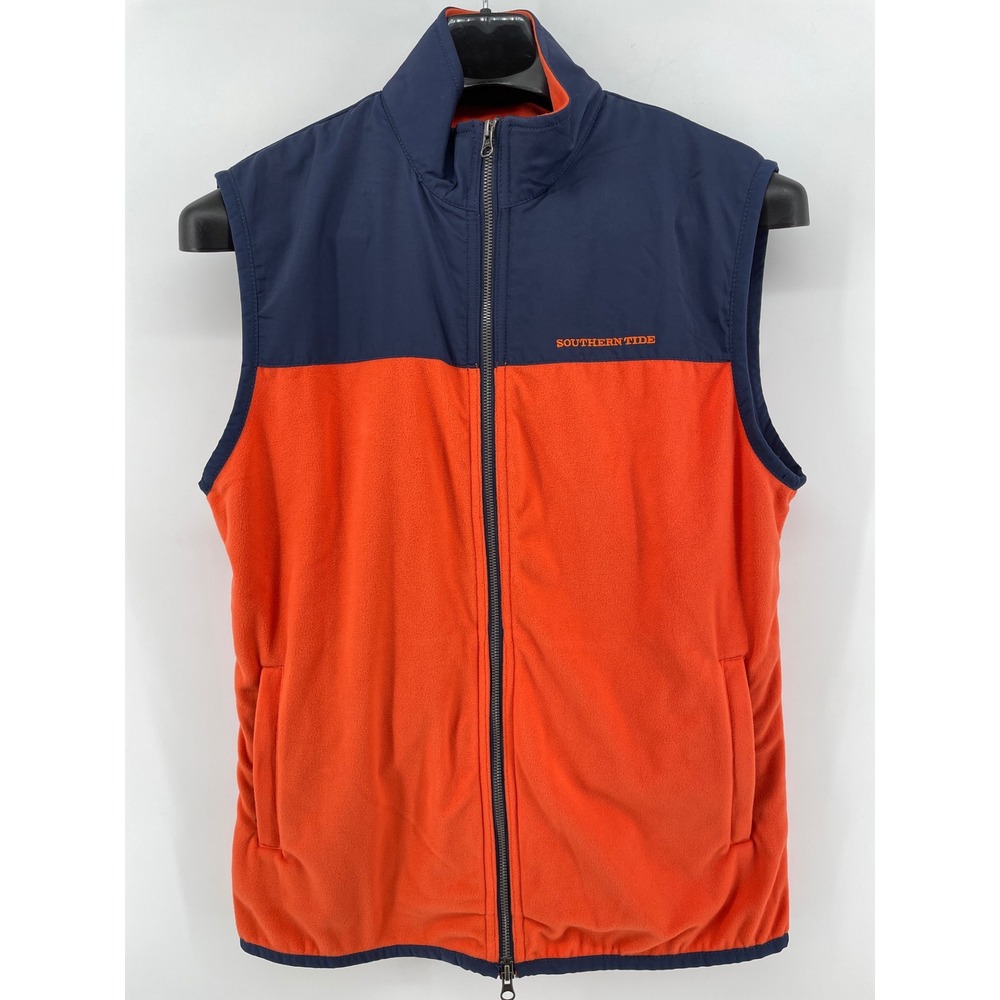 Southern Tide Fleece Vest Mens Medium Orange‎ Navy Blue Colorblock Full Zip